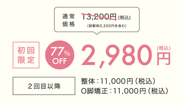 通常
            価格13,200円(税込)を初回限定77%OFFの2,980円(税込)に。2回目以降は整体：11,000円（税込）,O脚矯正：11,000円（税込）