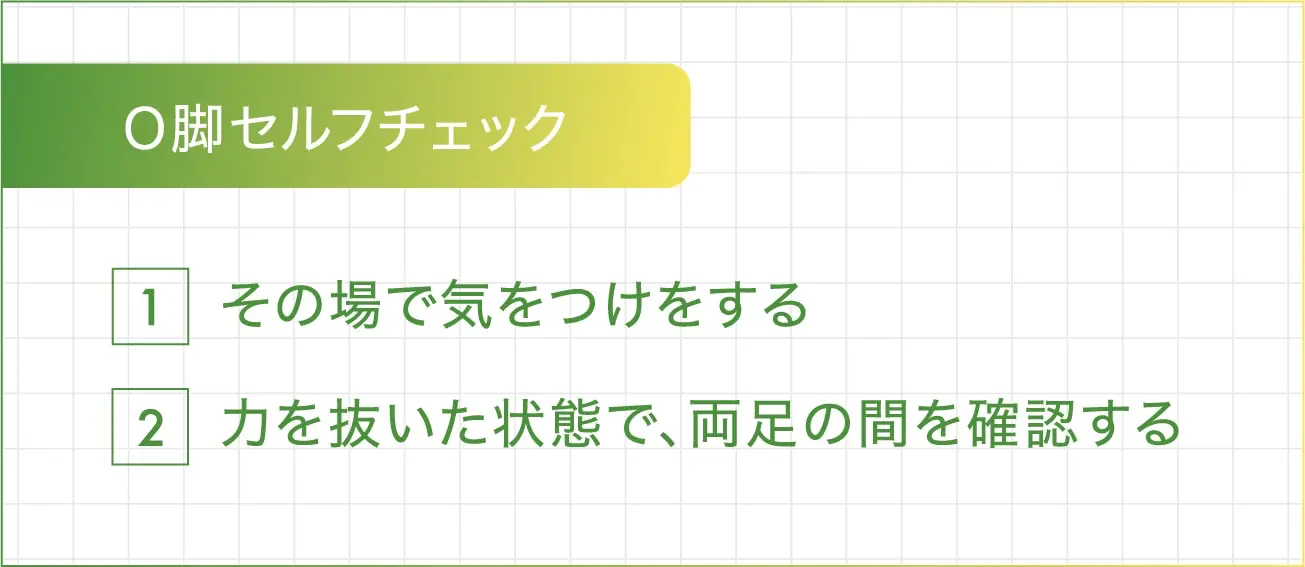 O脚セルフチェック ①その場で気をつけをする ②力を抜いた状態で、両足の間を確認する